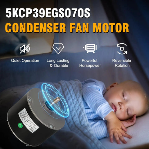 Upgraded Condenser Fan Motor 1/4 HP 1100 RPM 208 230V CW CCW with baby sleeping peacefully, highlighting quiet operation feature.