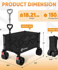 Foldable Wagon With All Terrain Wheels Beefy 150L Capacity Heavy Duty Collapsible Cart For Camping Garden And Sports 330 Lbs Load 31.5 In Long 18.1 In Wide 13.4 In High Black, with product dimensions and weight illustrated.