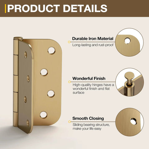 Rock Solid Heavy Duty Door Hinges Hit Four Inches Wide With Rounded Corners And A Slick Champagne Bronze Finish Engineered For Butter Smooth Swings On Any Interior Or Exterior Door Three Pack Bundle, detailed view of durable iron hinge.