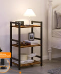 Three Tier Narrow Bookshelf With Heavy Duty Steel Frame Rustic Brown Bookcase Storage Organizer For Living Room Home Office Display Rack showcasing books, decor, and lamp.