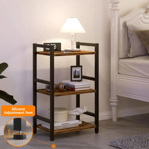 Three Tier Narrow Bookshelf With Heavy Duty Steel Frame Rustic Brown Bookcase Storage Organizer For Living Room Home Office Display Rack showcasing books, decor, and lamp.