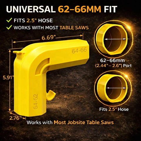 Image of Dual Port Dust Collection Adapter For Table Saws 2.5 Inch, 62 To 66mm Universal Fit, showing dimensions and features.