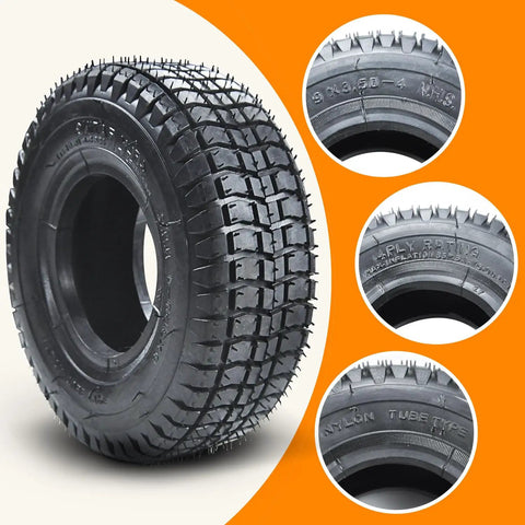 9x3.50-4 Tire With Inner Tube Replacement Pack For 49cc Stand Up Gas Scooters, Go Karts, Garden Mowers, tread and sidewall view