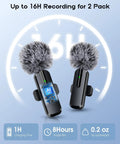 Ultra Clear Wireless Lavalier Microphone 2 Pack For iPhone Android with USB C; handheld angle showing charging time and specs