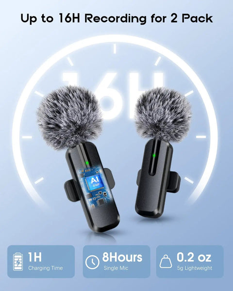 Ultra Clear Wireless Lavalier Microphone 2 Pack For iPhone Android with USB C; handheld angle showing charging time and specs