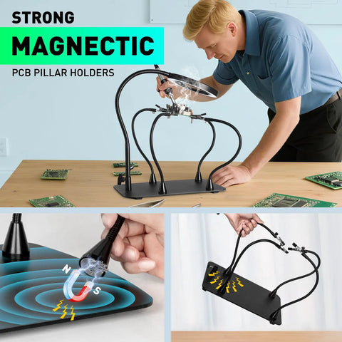 Man using Dual 5X And 10X Magnifying Desk Lamp With Light, Flexible Magnetic Helping Hand, Large Clamp Base for PCB work