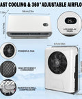 12V Truck Parking Air Conditioner 9600 BTU Mini Split In Cab AC Unit with LCD display and powerful fan shown, dimensions labeled