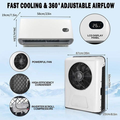 12V Truck Parking Air Conditioner 9600 BTU Mini Split In Cab AC Unit with LCD display and powerful fan shown, dimensions labeled