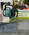 Rotating 360 Degree Garden Hose Reel Wall Mounted Outdoor Heavy Duty Metal Water Hose Holder And Organizer Holds 125 Feet Of 5/8 Inch Hose With 3.9 Foot Leader Hose For Outdoor Yard No Kink No Mess Black mounted with coiled hose.