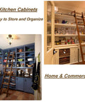Collage of kitchen cabinets with built-in ladders showcasing organized storage solutions in home and commercial settings.