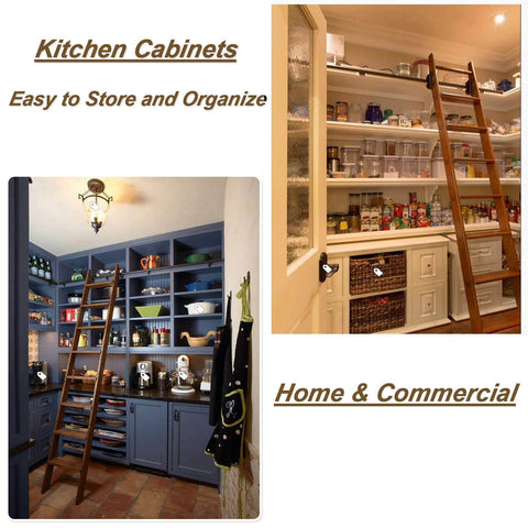 Collage of kitchen cabinets with built-in ladders showcasing organized storage solutions in home and commercial settings.