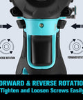 Close-up of 12V Cordless Impact Driver Kit With 885 In Lbs Torque For Quick Smooth Tackling Of Tough Jobs, showing forward and reverse rotation