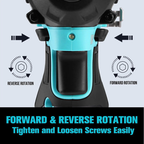 Close-up of 12V Cordless Impact Driver Kit With 885 In Lbs Torque For Quick Smooth Tackling Of Tough Jobs, showing forward and reverse rotation