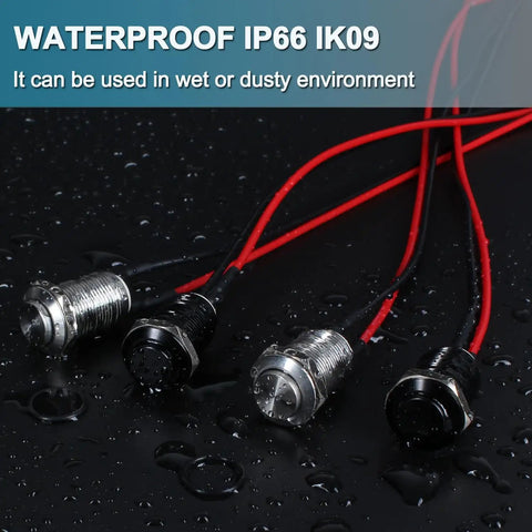 Five Pack 12mm Latching Push Button Switches With Raised Head On Off Normally Open Pre Soldered Cable Aluminum Alloy Shell Waterproof IP66