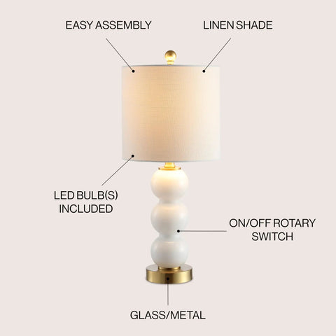 Front view of 21 Inch White And Brass Glass Table Lamp With Linen Shade Modern Stacked Sphere Bedside Lamp For Bedroom And Living Room LED Bulb Included ETL Listed 120 Volt, highlighting features.