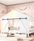 Kid Approved Full Size Floor Bed Frame With Sliding Barn Door And Built In Soft Glow Light Farmhouse House Shaped Sleeper in a bright bedroom.