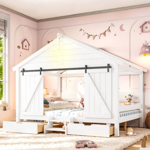 Kid Approved Full Size Floor Bed Frame With Sliding Barn Door And Built In Soft Glow Light Farmhouse House Shaped Sleeper in a bright bedroom.