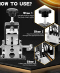 Image showing steps to use Dual Mode Wire Stripper Tool For Scrap Copper, Drill Powered And Manual Crank, focusing on knob adjustment and wire feeding.