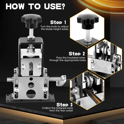 Image showing steps to use Dual Mode Wire Stripper Tool For Scrap Copper, Drill Powered And Manual Crank, focusing on knob adjustment and wire feeding.