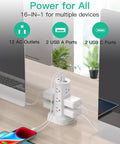 16 In 1 Surge Protector Power Strip Tower With Flat Plug, 12 AC Outlets And 4 USB Ports Including 2 USB C, 1080 Joules Protection, Integrated Circuit Breaker, Heavy Duty Power Hub For Home Office And Entertainment Center on desk