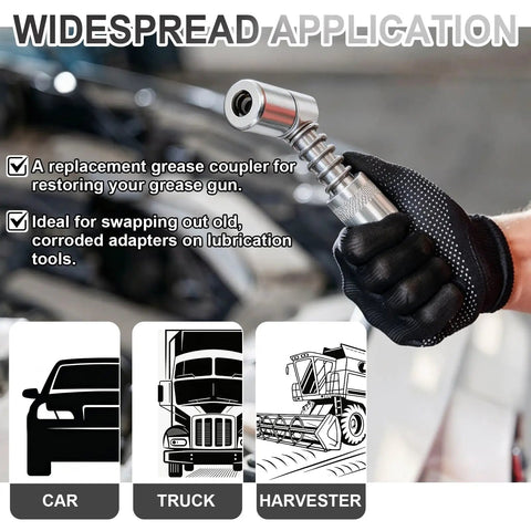 Person holding 90 Degree Grease Coupler Adapter For Tight Spaces With Universal Thread Fitting, ideal for vehicles and industrial use.