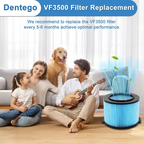 Family with dog and guitar, featuring Replacement Filter Pack For Three To Four And A Half Gallon Shop Vacuums With Three Layer H11 Filtration