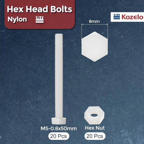 Badass Nylon Hex Bolts And Nuts Kit M5 Fully Threaded Tap Fasteners Hardware Set For Pro Mechanics and Project Leads with Hex Nut.