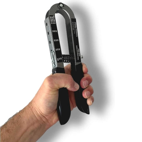 Hand holding Adjustable Grip Strength Trainer For Hand Rehab And Fitness Built Tough All Steel Hand Grip Exerciser With 5 To 150 Lb Resistance Portable And Durable Made In USA