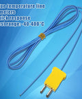 Blue 2-meter K-type thermocouple temperature sensor with yellow mini-connector plug and coiled cable