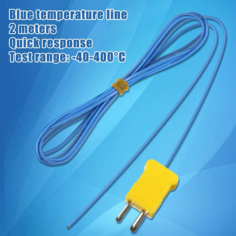 Blue 2-meter K-type thermocouple temperature sensor with yellow mini-connector plug and coiled cable