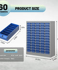 60 Drawer Tool Storage Cabinet With ABS Drawers Bolt Nut Organizer and detailed measurements displayed.