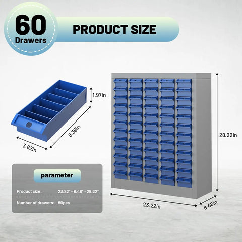 60 Drawer Tool Storage Cabinet With ABS Drawers Bolt Nut Organizer and detailed measurements displayed.