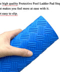 Person holding blue 36 Inch By 9 Inch Non Slip Pool Ladder Pad Mat With Protective Cushion Between Ladder Base And Pool Liner