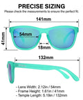 Sizing guide for square polarized sunglasses for women and men with mirror lenses, showing precise measurements and fit.