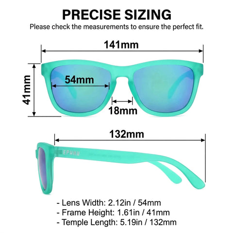Sizing guide for square polarized sunglasses for women and men with mirror lenses, showing precise measurements and fit.