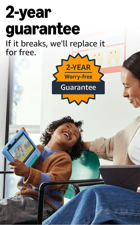A happy child holding a blue 7-inch tablet, smiling with an adult, emphasizing the 2-year guarantee for heavy-duty tablets for kids.