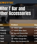 Miter T Bar and Other Accessories details including 32'' Miter T-Bar, 17'' HDPE Miter Bars, size and SKU.
