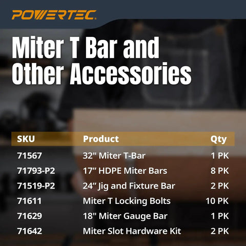 Miter T Bar and Other Accessories details including 32'' Miter T-Bar, 17'' HDPE Miter Bars, size and SKU.