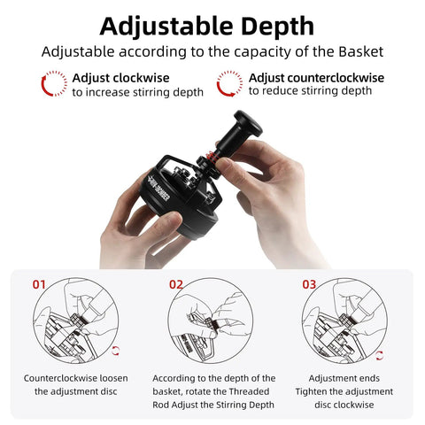 Hands adjusting 58mm WDT Tool For Espresso Distribution With Magnetic Base For Baristas, Adjustable Depth Needle Distributor.