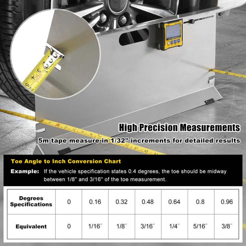 Stainless Steel Wheel Alignment Tool Plates 2 Pack With Tape Measures Magnetic Slots And Hanging Holes For Easy Storage Pro Grade Universal Toe Alignment Tool For Cars Trucks SUVs And All Vehicles showing installation on vehicle
