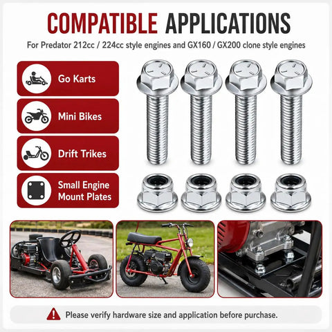 Tough As Nails Engine Mount Bolt Kit For Go Karts And Mini Bikes Four Piece Set with Grade Five Flange Bolts and Lock Nuts