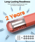 Digital Tire Pressure Gauge with Backlit LED Display showing battery compartment with LR44 batteries, highlighting 2-year longevity.