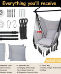 Hammock Chair Hanging Rope Swing Chair For Indoor Outdoor Use Built For Chill Comfort Up To 450 Lbs, pocket, two cushions, light grey.