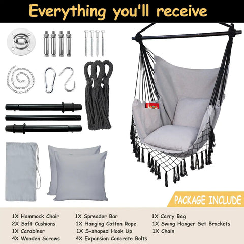 Hammock Chair Hanging Rope Swing Chair For Indoor Outdoor Use Built For Chill Comfort Up To 450 Lbs, pocket, two cushions, light grey.