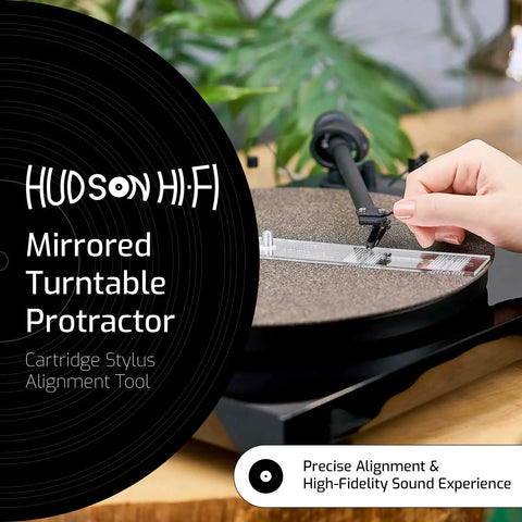 Mirrored Turntable Phonograph Cartridge Alignment Protractor for One Half Inch Cartridges with S Shaped Arm Eliminate Tracking Errors Easy Setup Guide Printed Directly on the Tool LP Vinyl Phono Stylus Alignment Accessory VTA Sold Separately on turntable in use