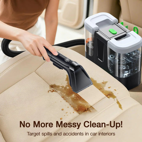 Vacuum cleaning car seat with electric spin scrubber and water tank attachment for pro-level interior cleaning