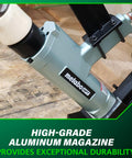 Close-up of 2 In 1 Flooring Nailer And Stapler For 16 Gauge L Shaped Cleats And 15.5 Gauge One Half Inch Staples, aluminum magazine.