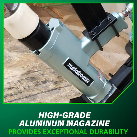 Close-up of 2 In 1 Flooring Nailer And Stapler For 16 Gauge L Shaped Cleats And 15.5 Gauge One Half Inch Staples, aluminum magazine.