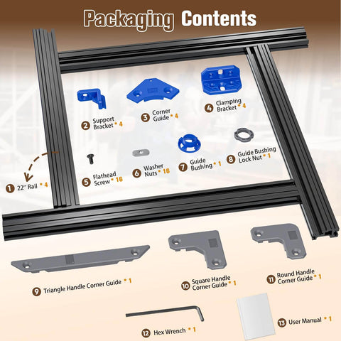 Router Jig For Cutting Boards, Adjustable Guide Fits Up To 18x18 Inches, packaging contents, including rails and corner guides.