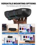 USB Powered Desktop Computer Speakers With 14W Total Output shown attaching to a monitor in multiple positions.